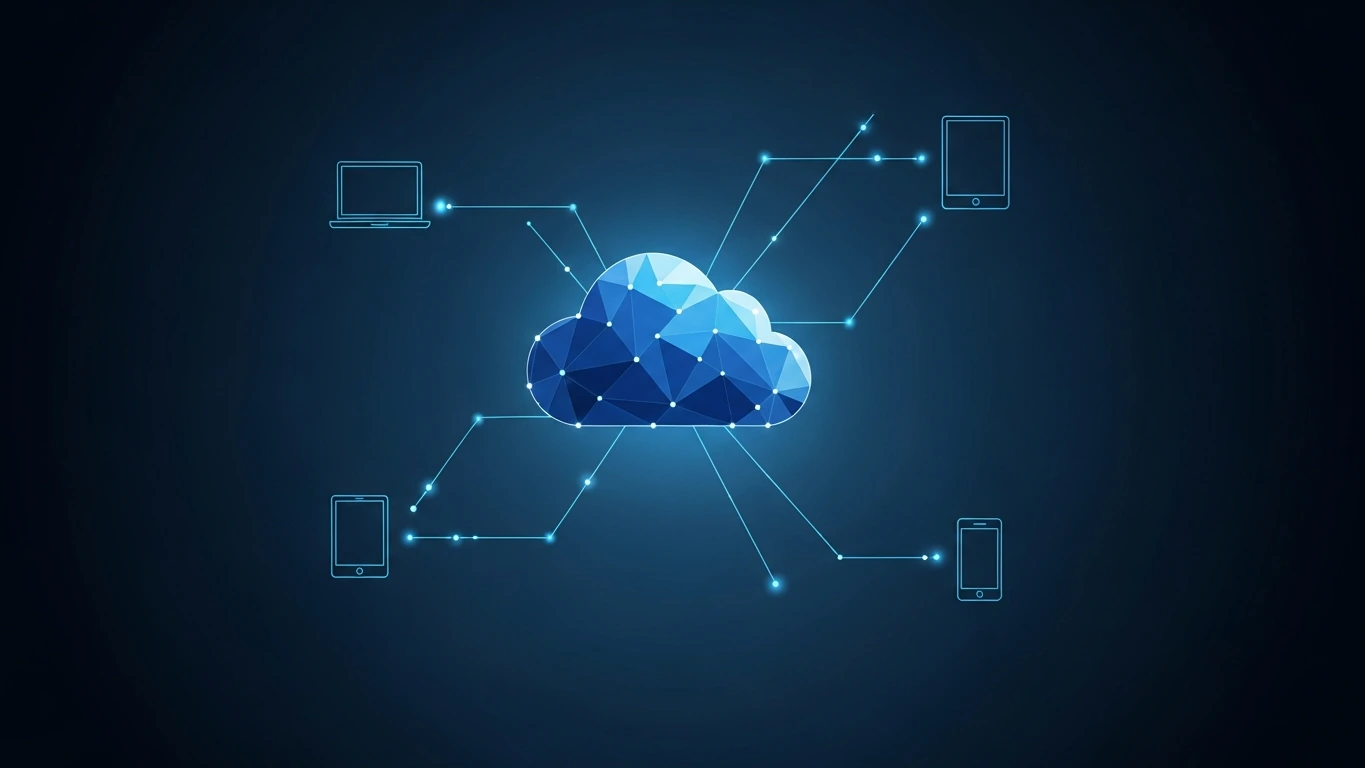 A faceted blue polygonal cloud glows at the center of a deep navy background, joined by thin luminous lines to four wireframe device outlines, illustrating how cloud storage evidence attribution blurs when one account reaches many devices.
