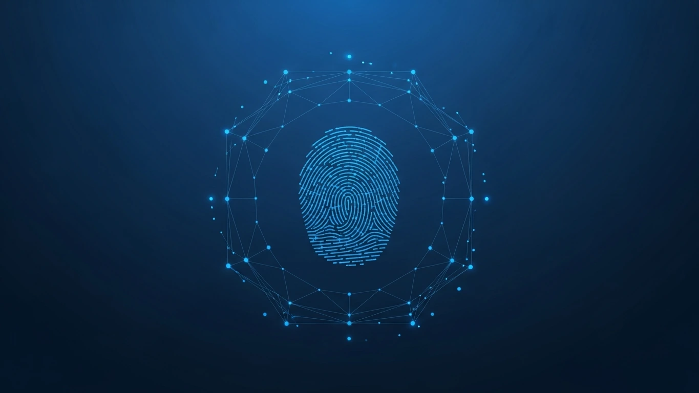 A blue fingerprint icon within a digital network, symbolizing the unique nature of Digital Hashing.