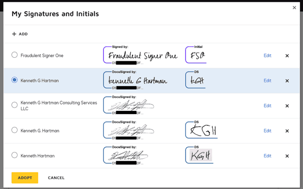 Multiple DocuSign signatures linked to the same account showing varying names with consistent identifiers