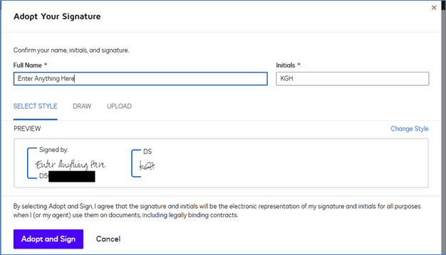 Example of arbitrary text entry in DocuSign’s Full Name field