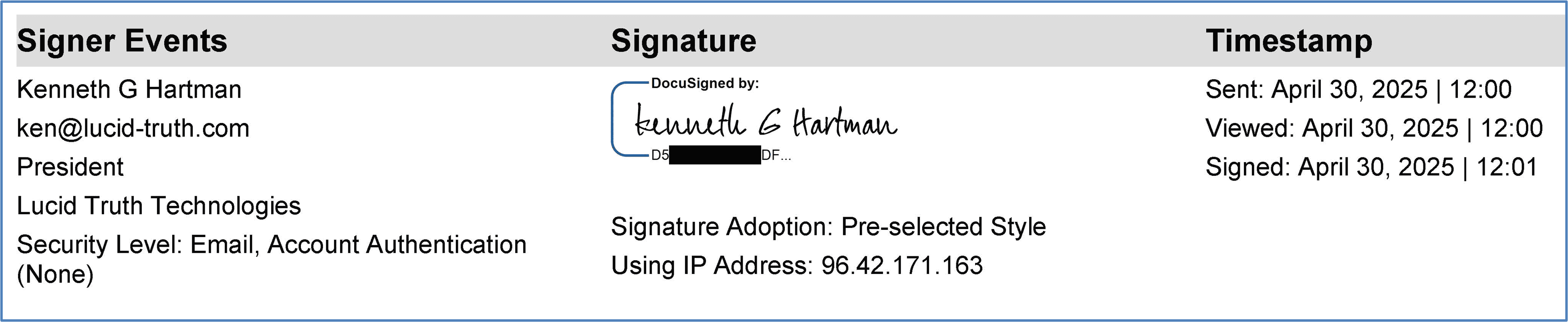 Legitimate DocuSign signer metadata showing identity information