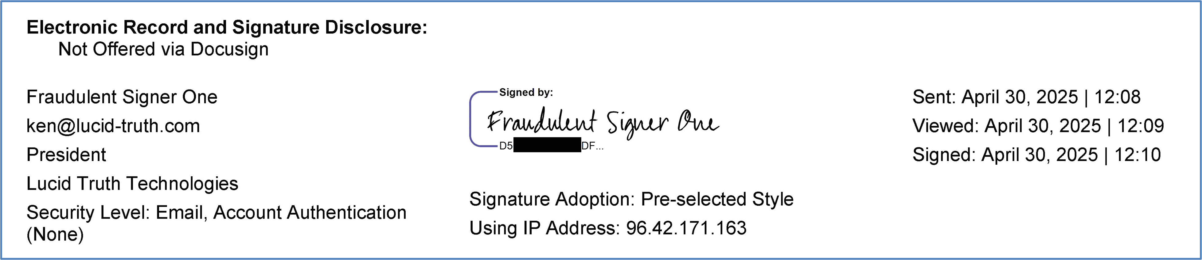 DocuSign signature metadata showing the same identifier used with different names