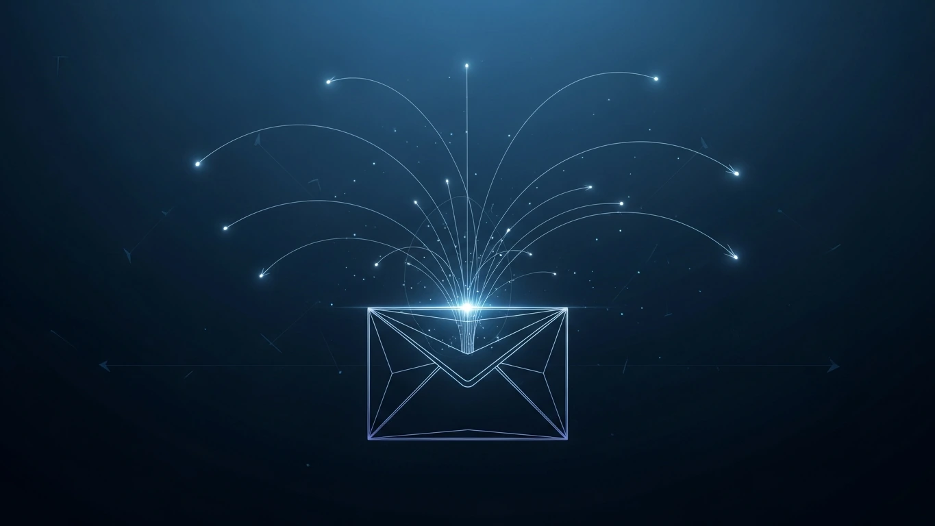 Digital email icon with glowing lines showing data flow, representing email as evidence in court.