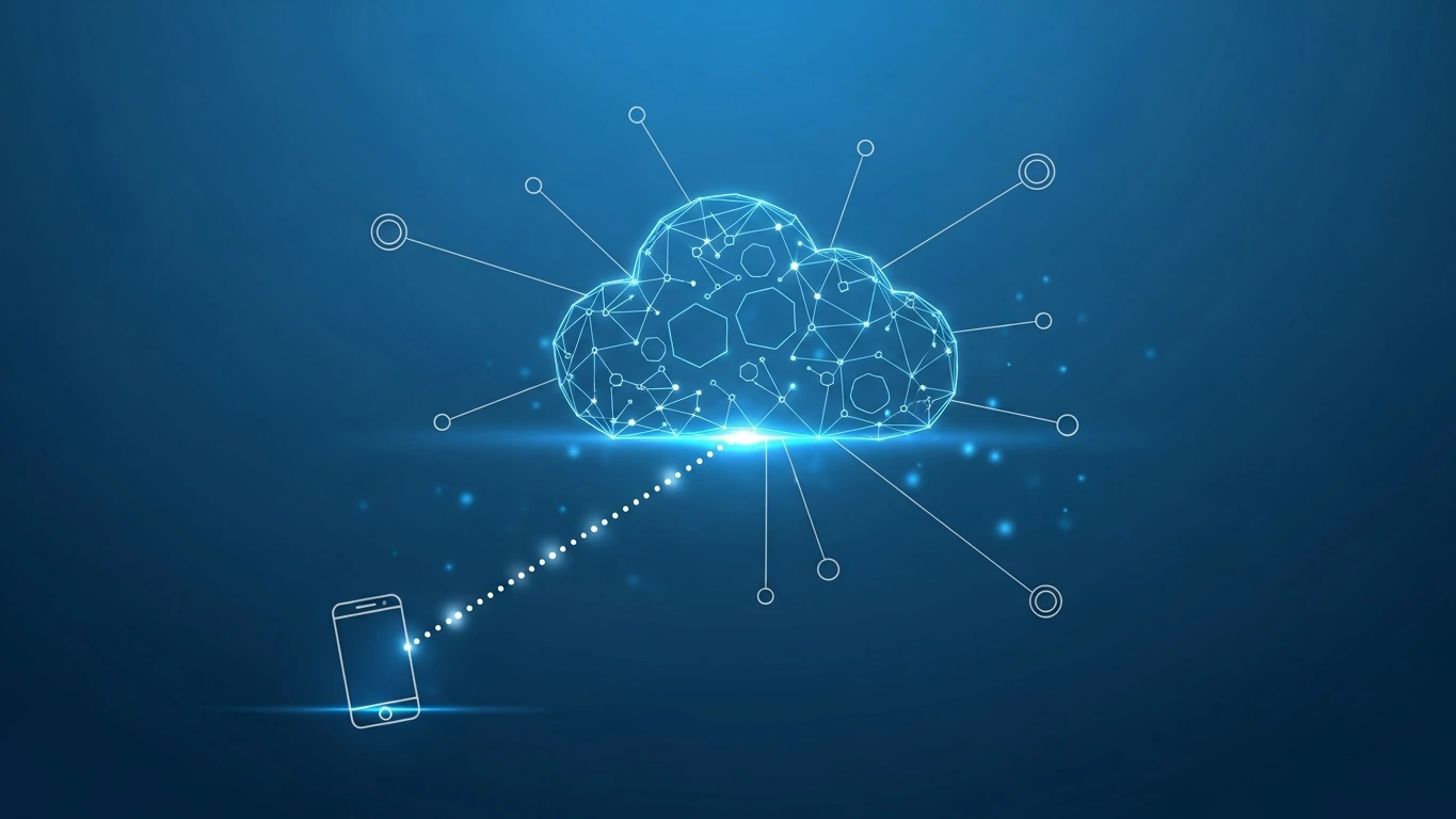 A glowing geometric cloud of interconnected nodes hovers above a faint smartphone outline on a deep navy background, a single dotted line of light traveling from the phone to the cloud, representing the metadata that Apple can produce in response to a FaceTime subpoena while the call's content stays out of reach.