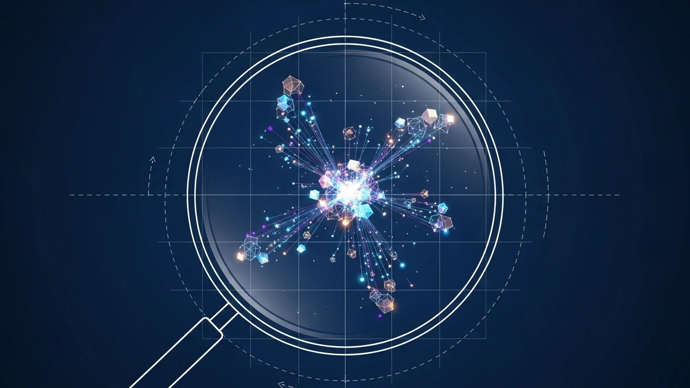 A magnifying lens examines a luminous cluster of interconnected geometric data fragments on a deep navy background, representing how FRE 707 AI evidence rules scrutinize machine-generated output before trial.