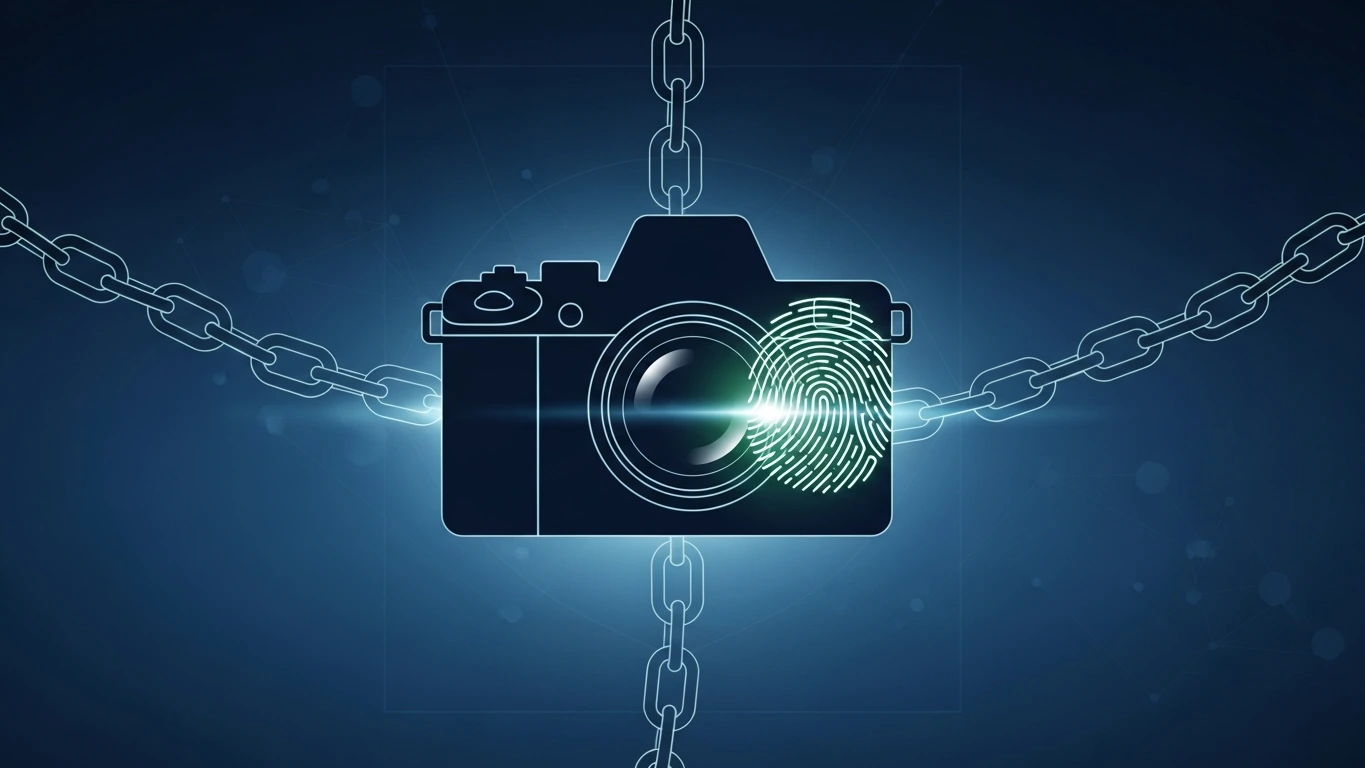 Camera with glowing fingerprint and chains securing hardware-signed C2PA camera credentials.