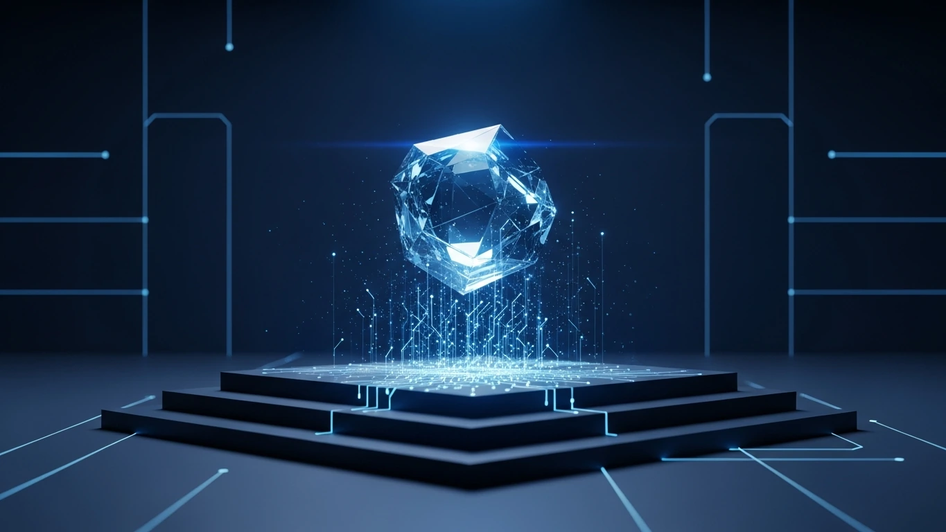 Digital data crystal on glowing circuit platform, vital for a Digital Forensics Expert in Court.