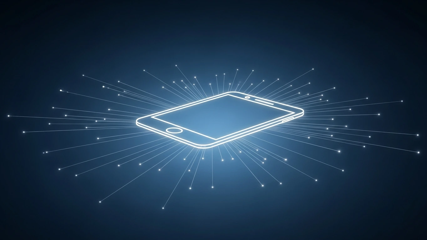 Glowing outline of a tablet with radiating lines, illustrating mobile device extraction.