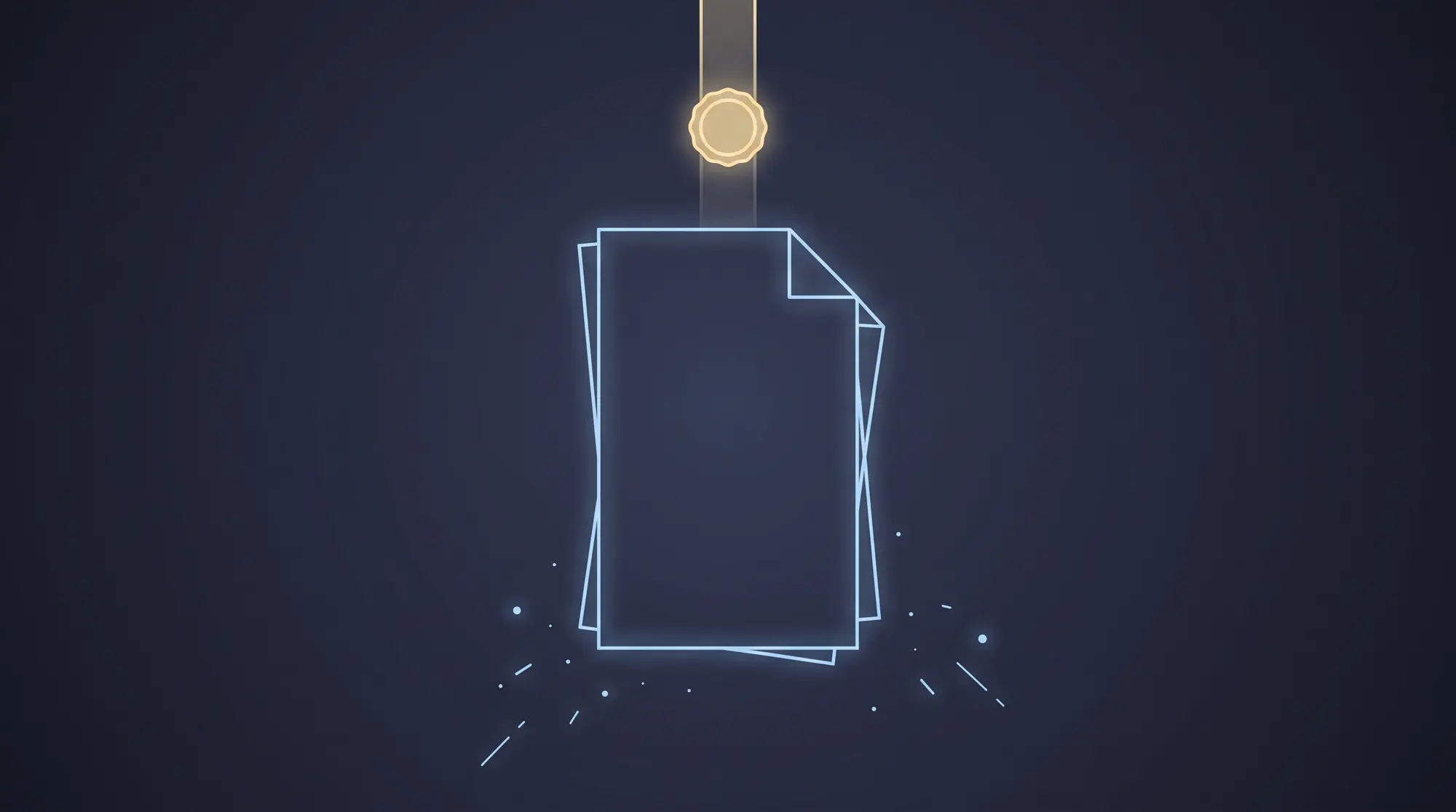 A tall geometric outline of a folded sheet stands on a deep navy field, its surface completely blank and unmarked with no writing, lettering or ruled lines anywhere. A single bright circular seal descends toward the sheet along a narrow beam of pale gold light that enters from beyond the upper edge of the frame. Scattered points of light drift away from the sheet toward the lower corners. No text, no numerals and no characters of any kind appear.