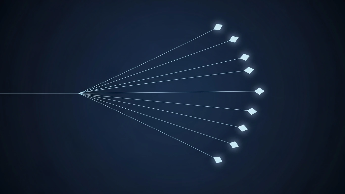 One pale blue thread crosses a deep navy field and divides into a fan of identical glowing diamonds, none distinguishable from the rest, the visual form of a share link that records use without recording a user.