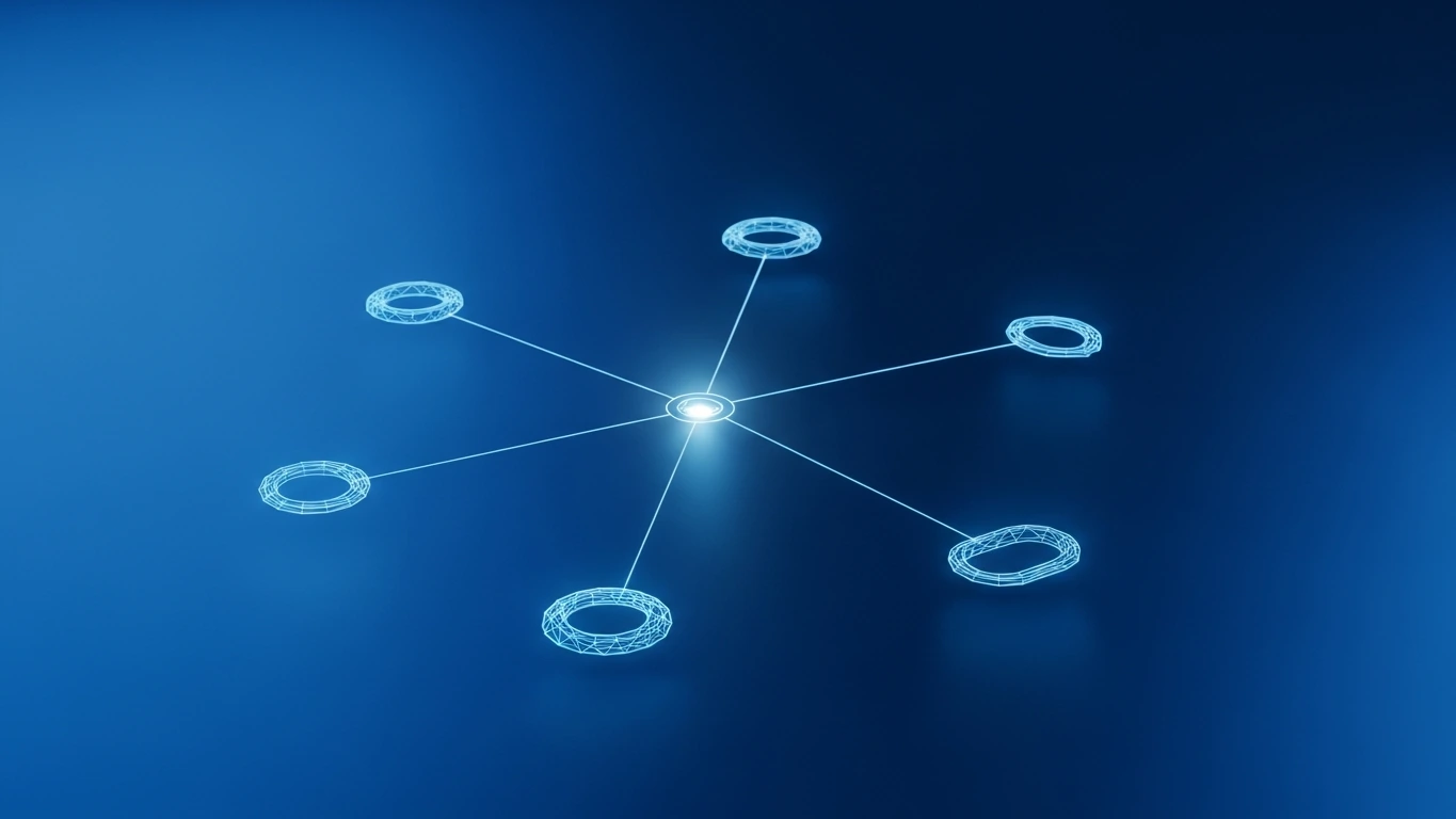 A single glowing California hub on a deep navy gradient connects by thin light lines to several wireframe platform nodes, representing how one California legal-process and case-law layer governs what each big tech company must produce.