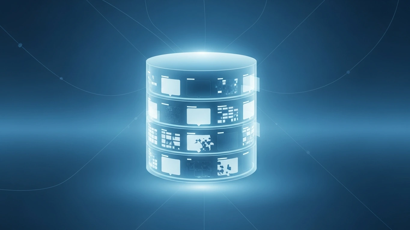 Glowing database cylinder filled with thumbnails, visualizing ThumbCache database forensics.
