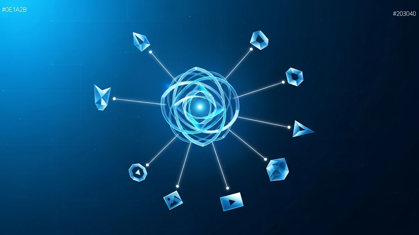Blue data core with radiating lines to various shapes, illustrating metadata in digital forensics.