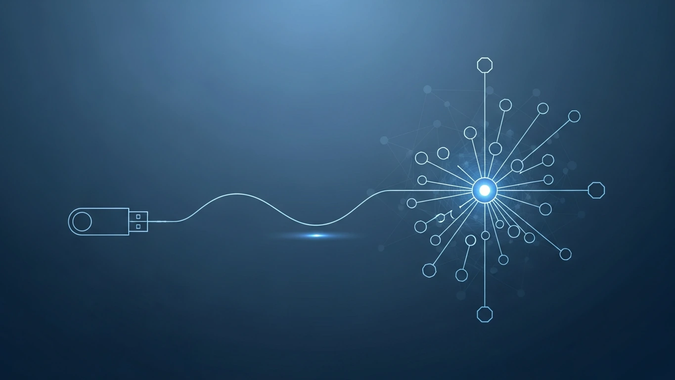 A USB drive connects to a glowing data network for USB Digital Forensics.