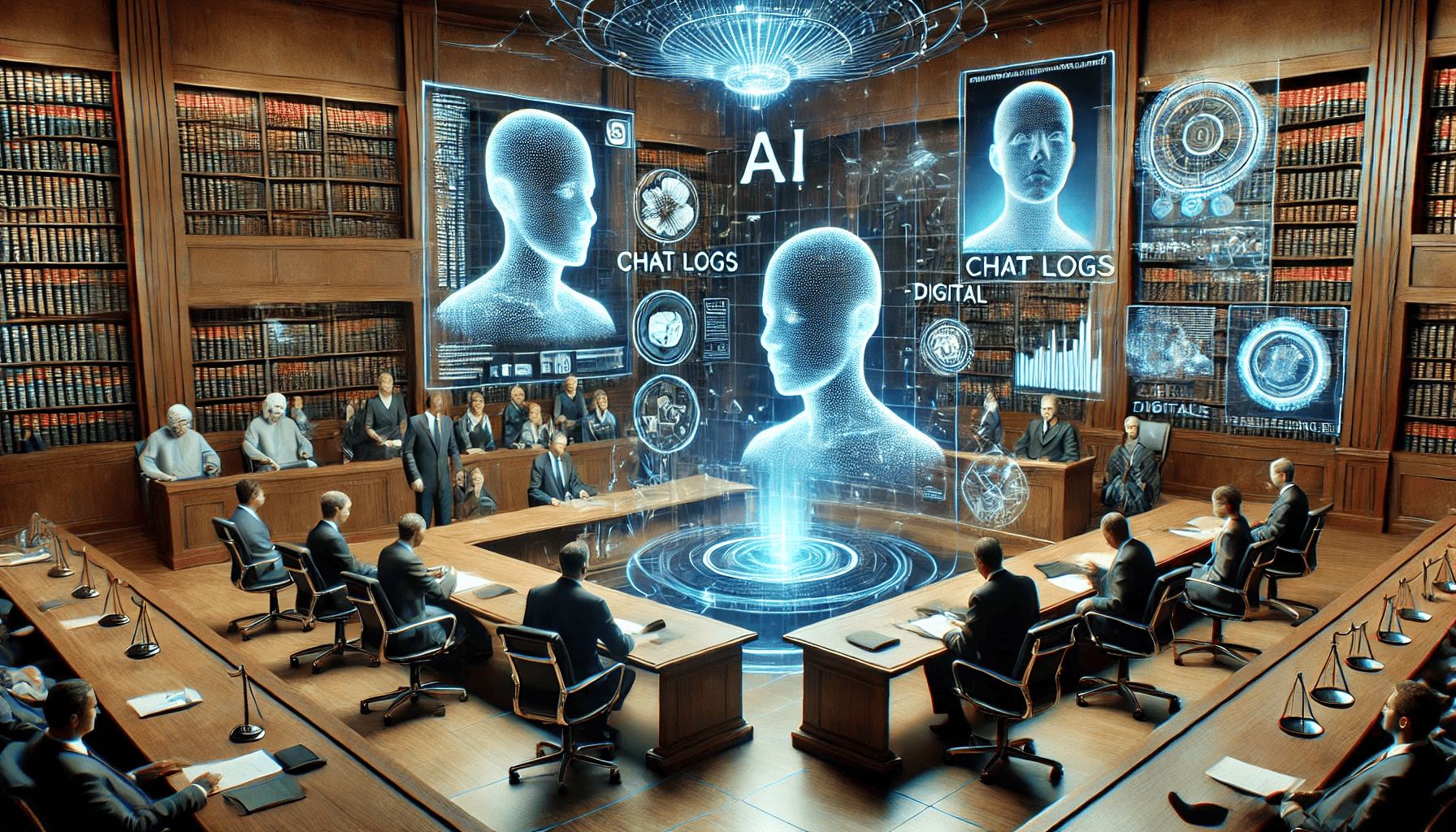 A futuristic courtroom blending traditional and digital elements, with AI-generated data displayed on large screens.