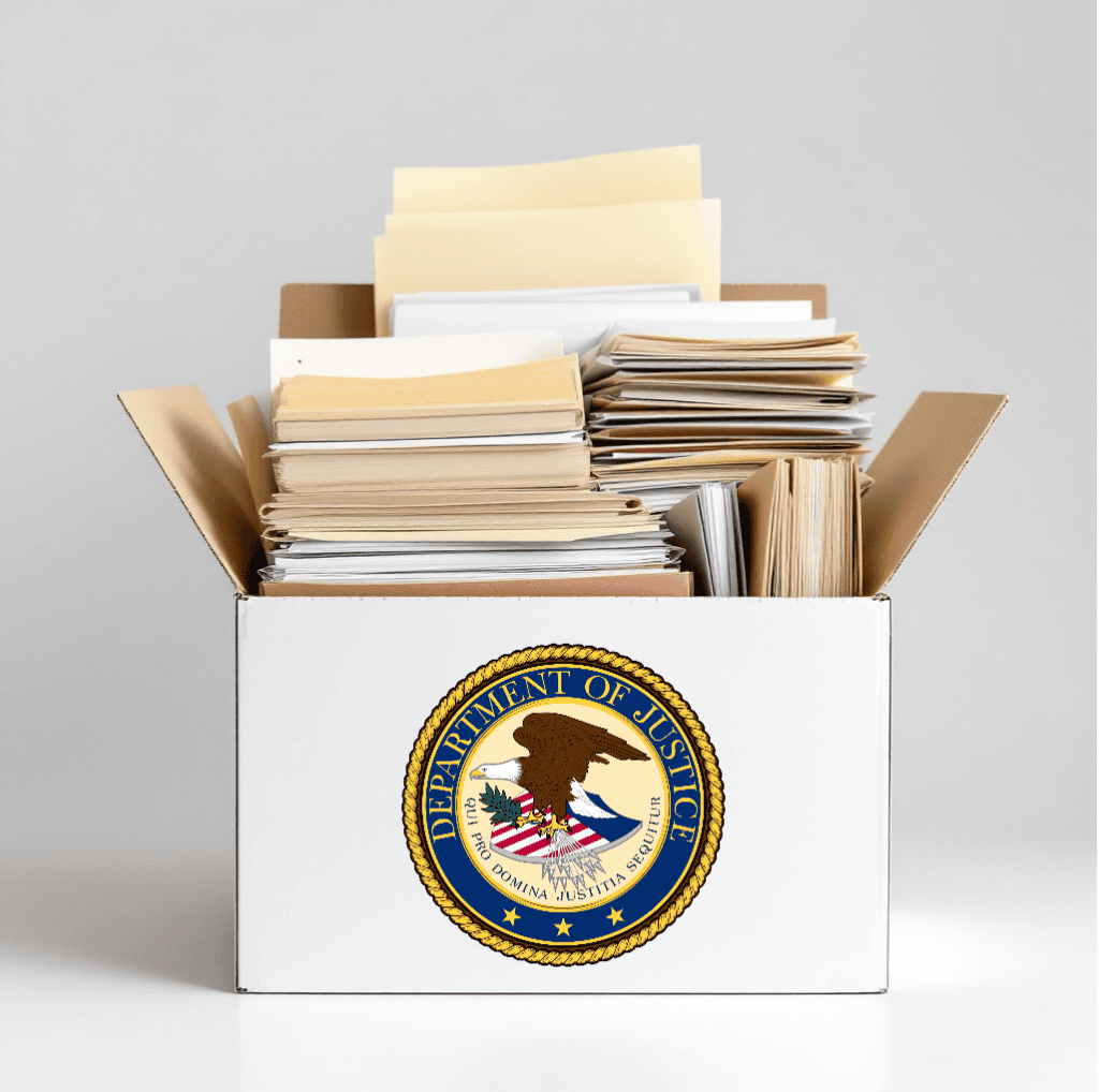 Image of a white cardboard banker's box full of legal documents