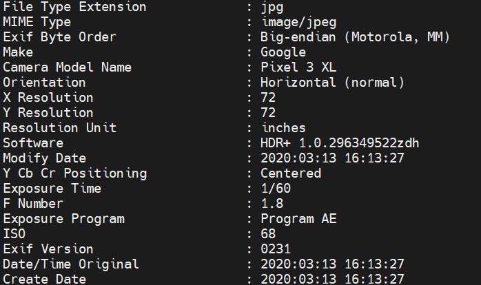 Example EXIF data