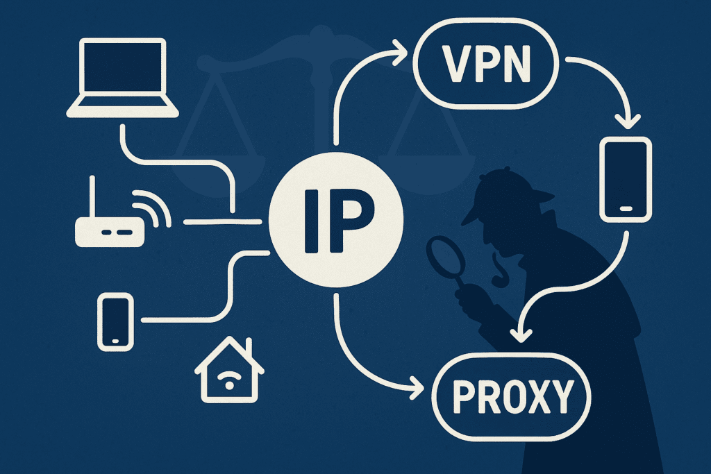 A digital illustration on a dark blue background shows a central circle labeled “IP” with lines branching out to various device icons, including a laptop, smartphone, router, and smart home symbol. To the right, curved arrows loop through VPN and Proxy icons connecting to another smartphone. A silhouette of a detective with a magnifying glass inspects the network paths, and a faint scale of justice appears in the background, symbolizing legal oversight. The style is flat and modern, with clean white outlines.