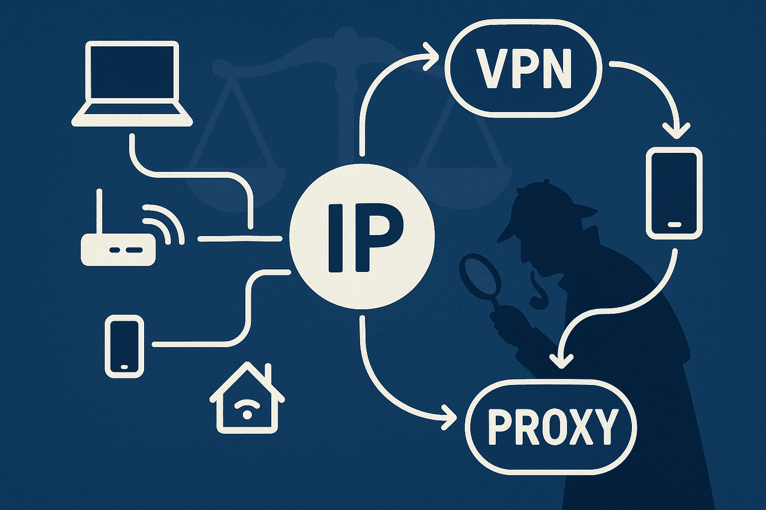 A digital illustration on a dark blue background shows a central circle labeled “IP” with lines branching out to various device icons, including a laptop, smartphone, router, and smart home symbol. To the right, curved arrows loop through VPN and Proxy icons connecting to another smartphone. A silhouette of a detective with a magnifying glass inspects the network paths, and a faint scale of justice appears in the background, symbolizing legal oversight. The style is flat and modern, with clean white outlines.
